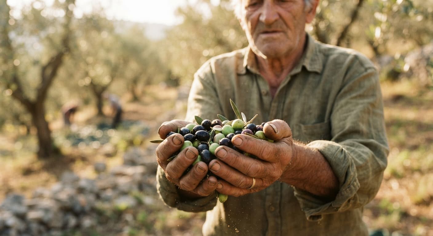 An olive grower holding freshly picked olives. Illustrative photograph, not a named producer.