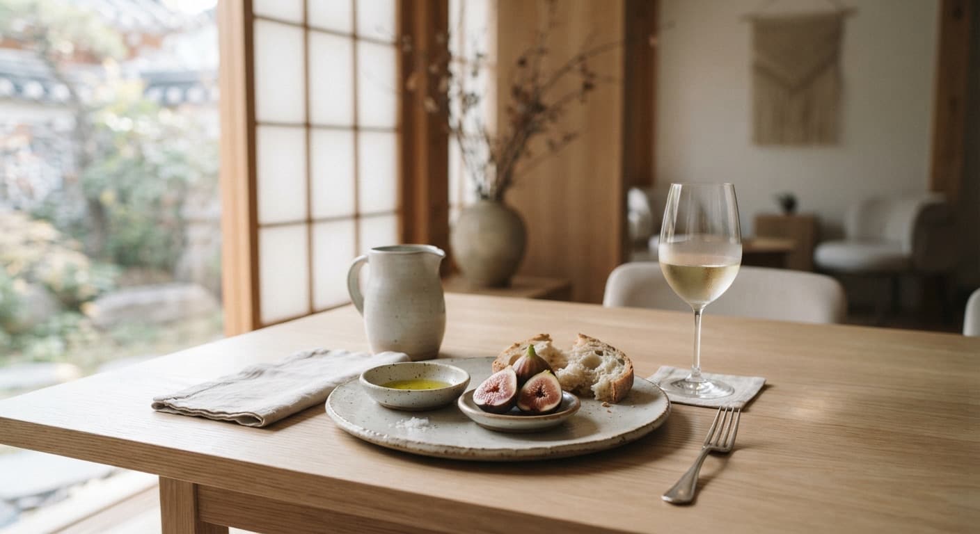 A quiet table set with bread, figs, olive oil, and a glass of wine, beside a paper screen.